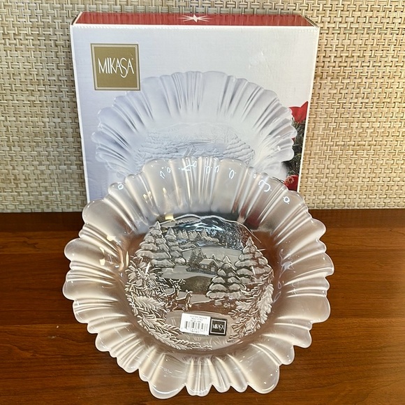 🎄🌟3xHP🌟VTG 1990s NIB Mikasa Winter Dreams Frosted Glass Christmas Large Bowl - Picture 2 of 7
